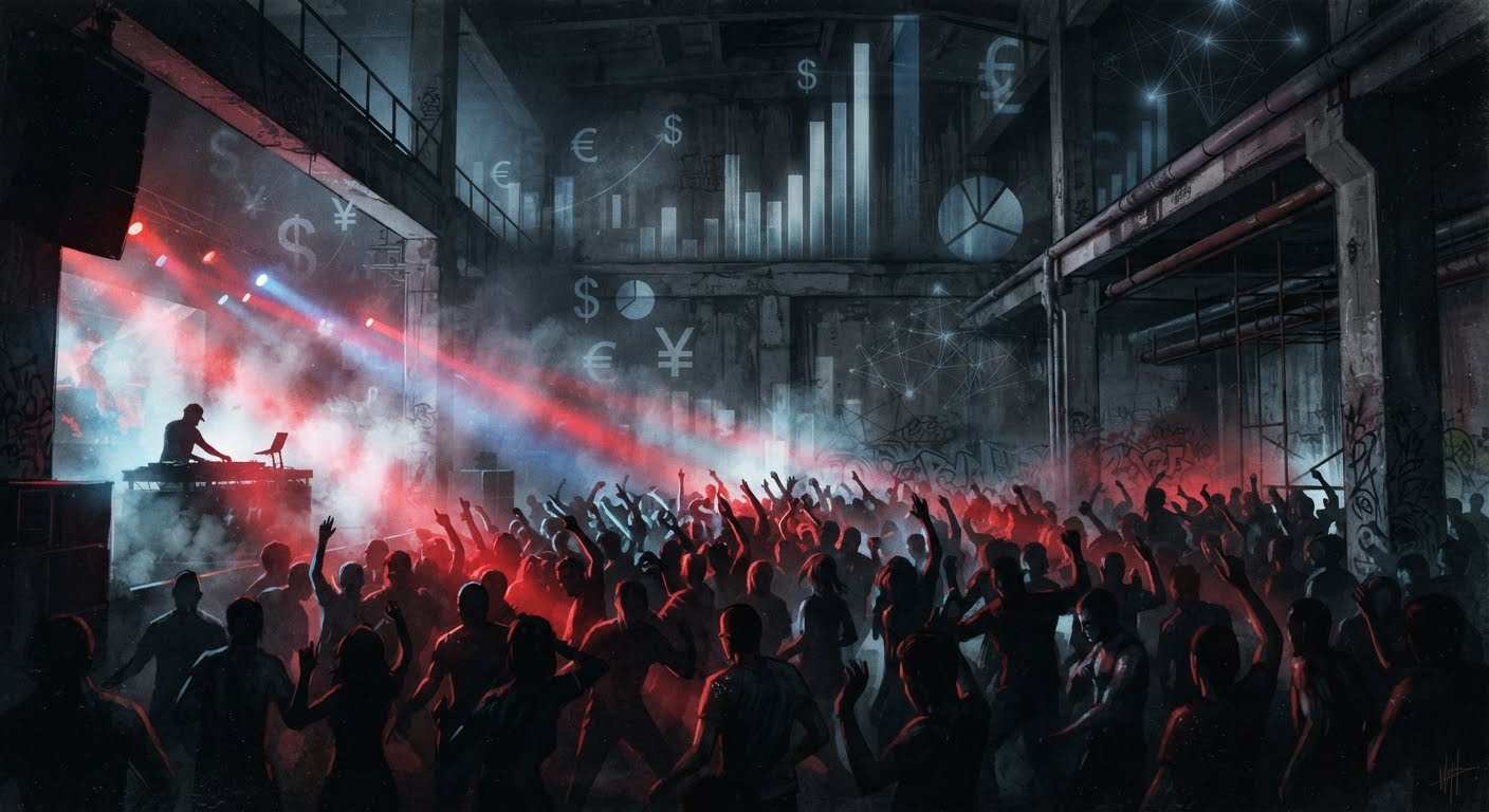 Crows dancing in an underground club,showing club culture under red lights